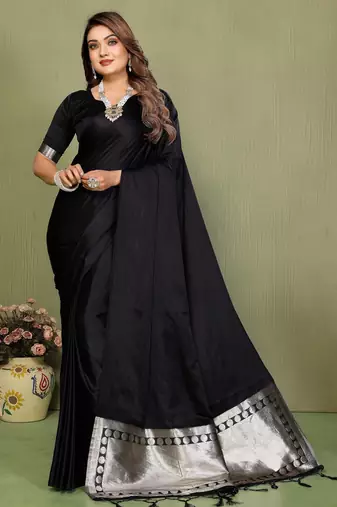 Black color satin silk fabric ethnic woven lagdi pallu designer saree