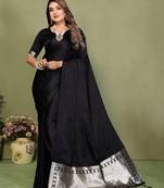Black color satin silk fabric ethnic woven lagdi pallu designer saree