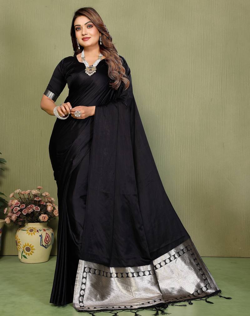 Black color satin silk fabric ethnic woven lagdi pallu designer saree