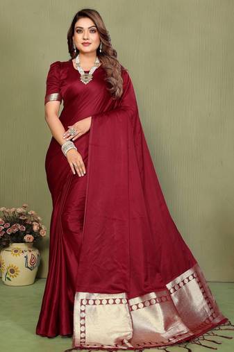 Maroon color satin silk fabric ethnic woven lagdi pallu designer saree