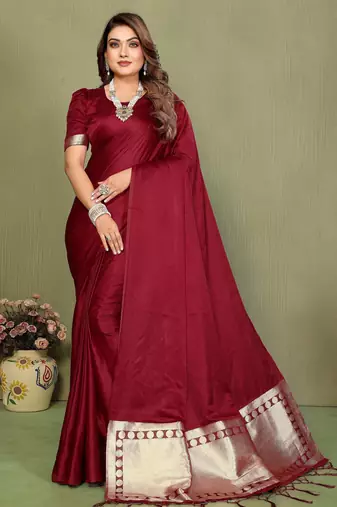 Maroon color satin silk fabric ethnic woven lagdi pallu designer saree