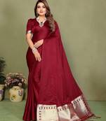 Maroon color satin silk fabric ethnic woven lagdi pallu designer saree