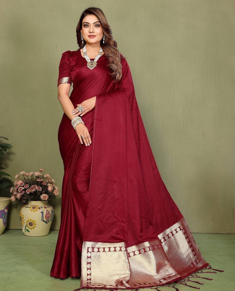 Maroon color satin silk fabric ethnic woven lagdi pallu designer saree