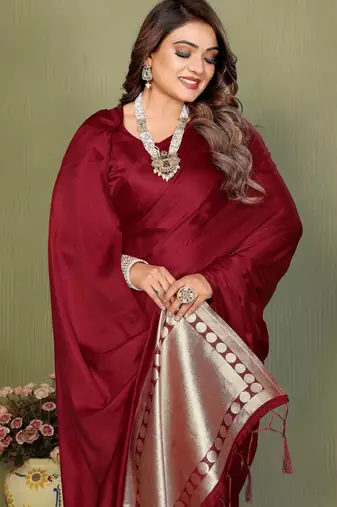 Maroon satin silk blend ethnic woven lagdi pallu saree