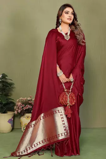 Maroon satin silk blend ethnic woven lagdi pallu saree