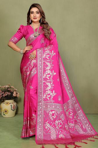 Pink color satin silk fabric woven jari designer partywear saree