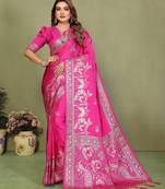 Pink color satin silk fabric woven jari designer partywear saree