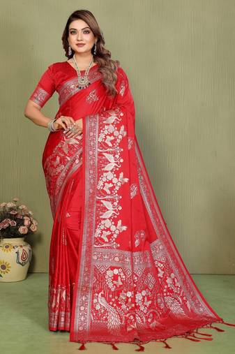 Red color satin silk fabric woven jari designer partywear saree