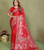Red color satin silk fabric woven jari designer partywear saree