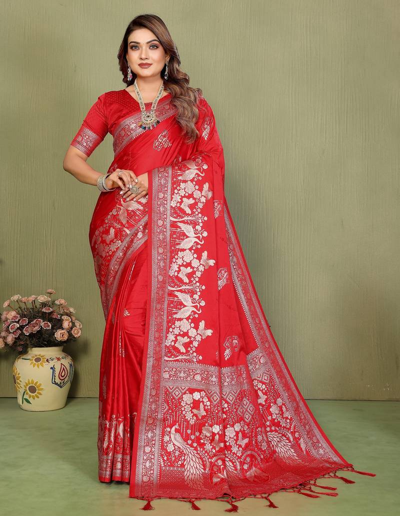 Red color satin silk fabric woven jari designer partywear saree