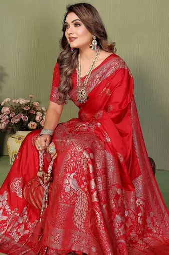 Red satin silk blend woven zari partywear saree