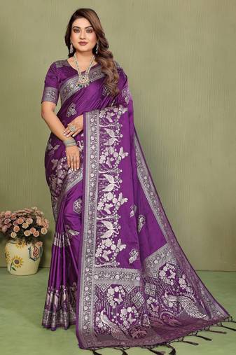 Purple color satin silk fabric woven jari designer partywear saree