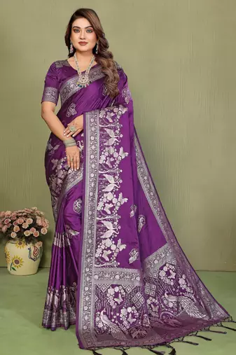 Purple color satin silk fabric woven jari designer partywear saree