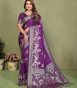 Purple color satin silk fabric woven jari designer partywear saree
