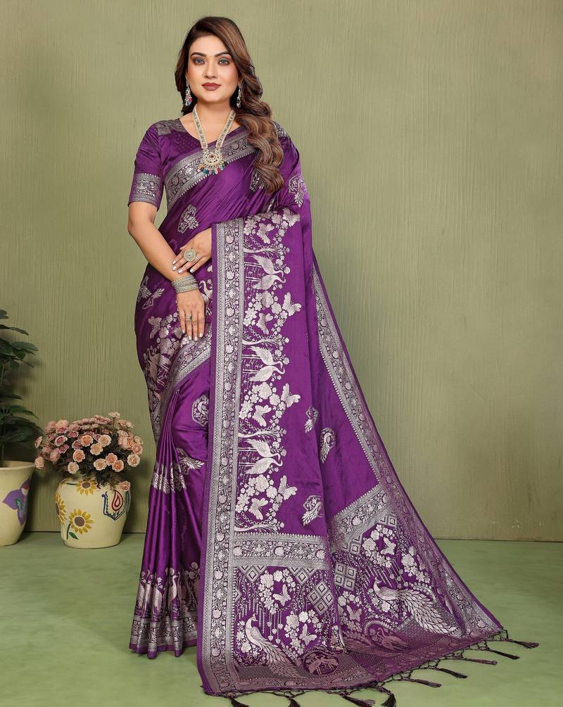 Purple color satin silk fabric woven jari designer partywear saree