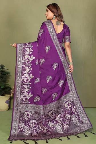 Purple satin silk blend woven zari partywear saree