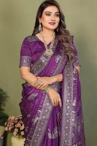 Purple satin silk blend woven zari partywear saree