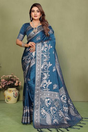 Teal blue color satin silk fabric woven jari designer partywear saree