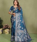 Teal blue color satin silk fabric woven jari designer partywear saree