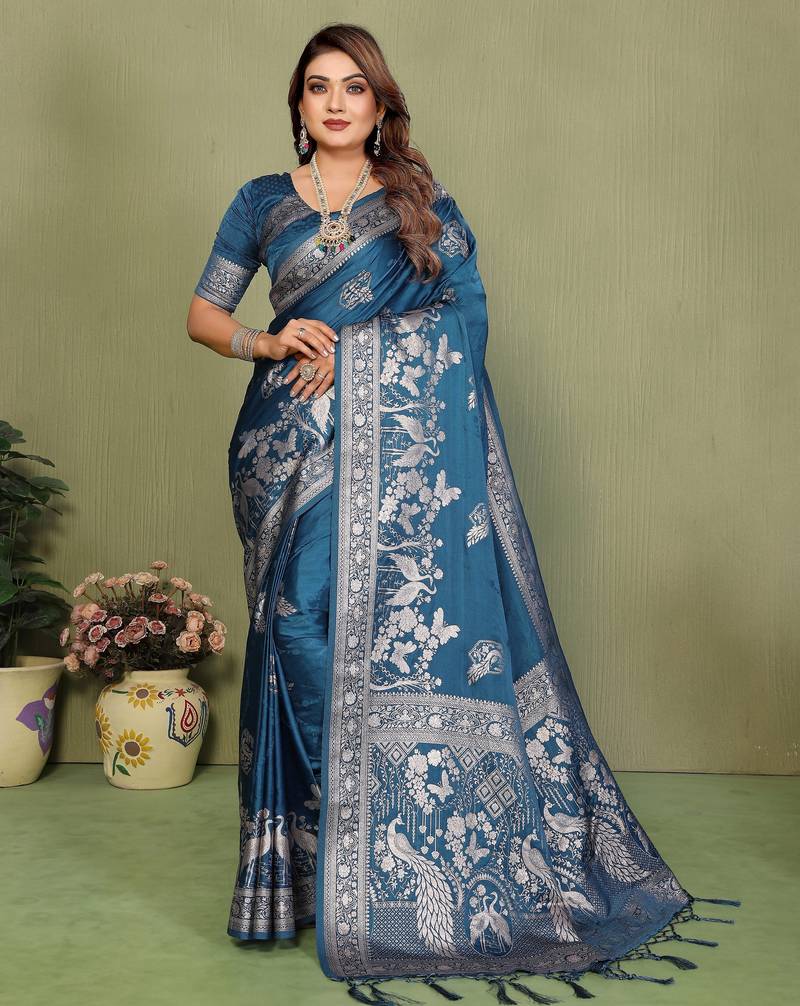 Teal blue color satin silk fabric woven jari designer partywear saree