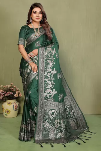 Green color satin silk fabric woven jari designer partywear saree