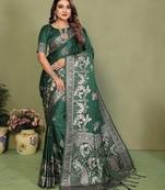 Green color satin silk fabric woven jari designer partywear saree