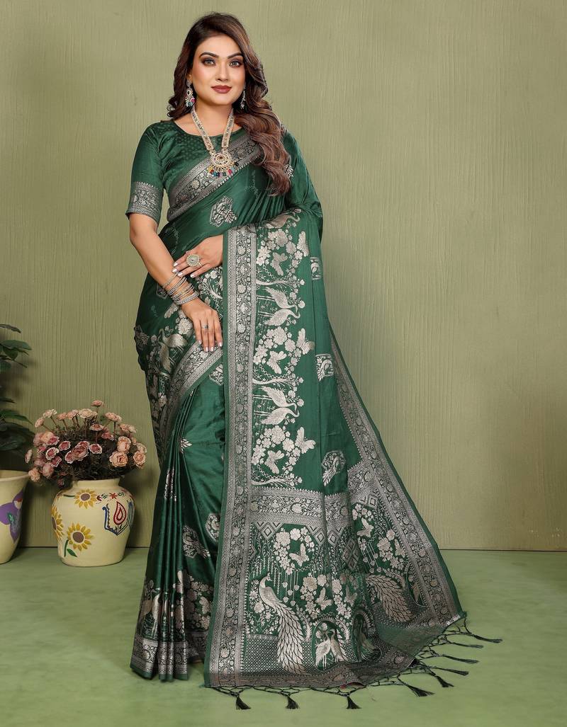 Green color satin silk fabric woven jari designer partywear saree
