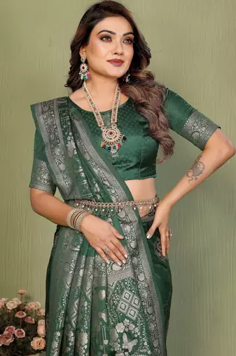 Green satin silk blend woven zari partywear saree