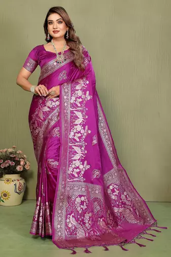 Magenta color satin silk fabric woven jari designer partywear saree