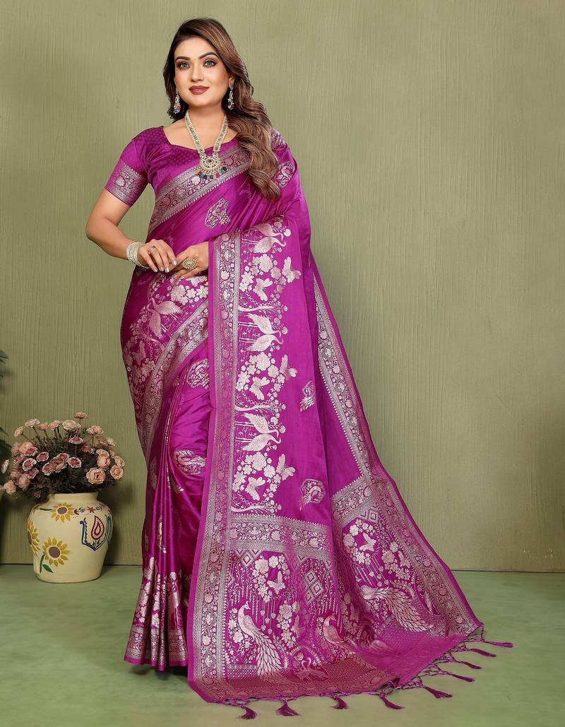 Magenta color satin silk fabric woven jari designer partywear saree