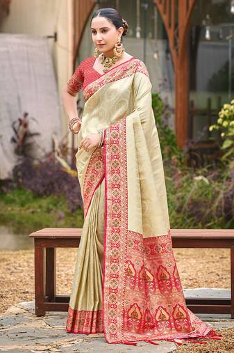 Beige color woven designer silk fabric ceremonial partywear saree