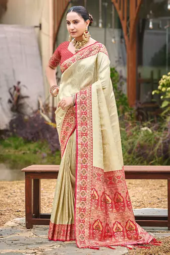 Beige color woven designer silk fabric ceremonial partywear saree