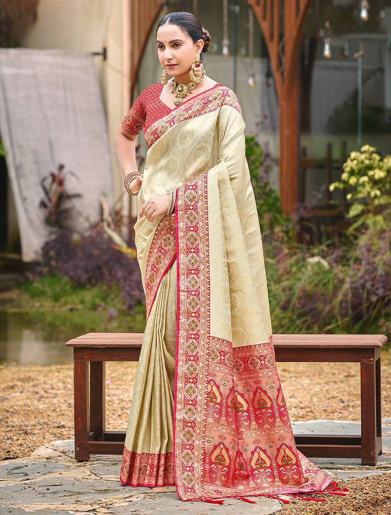 Beige color woven designer silk fabric ceremonial partywear saree