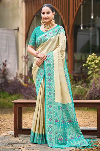 Beige color woven designer silk fabric ceremonial partywear saree