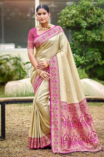Beige color woven designer silk fabric ceremonial partywear saree