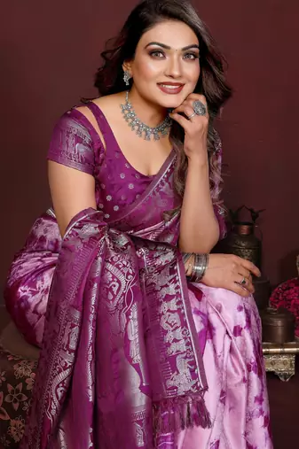 Purple satin silk blend saree ethnic indian looks