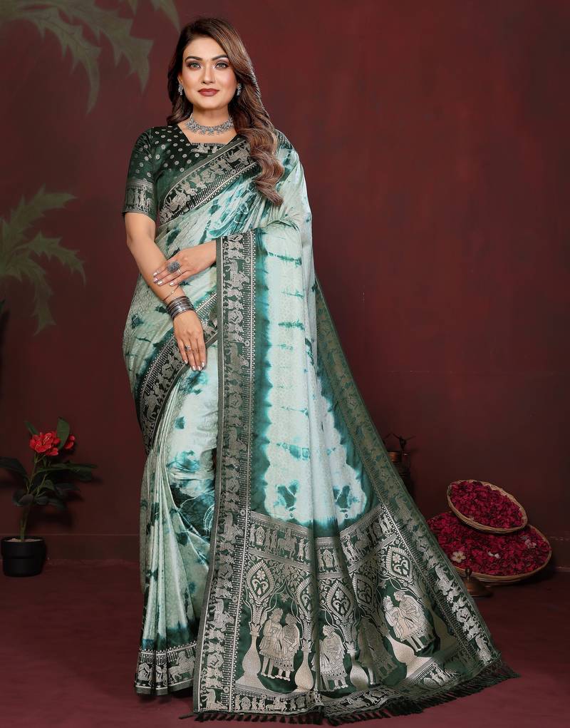 Green color satin silk fabric saree for ethnic indian looks