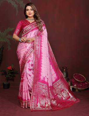 Pink satin silk blend saree ethnic indian looks 1