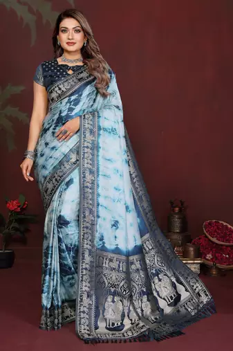 Blue color satin silk fabric saree for ethnic indian looks