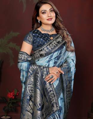 Blue satin silk blend saree ethnic indian looks 3