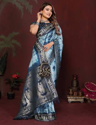 Blue satin silk blend saree ethnic indian looks 4