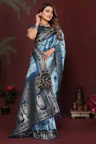 Blue satin silk blend saree ethnic indian looks