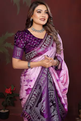 Violet satin silk blend saree ethnic indian looks