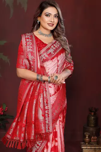 Red satin silk blend saree ethnic indian looks