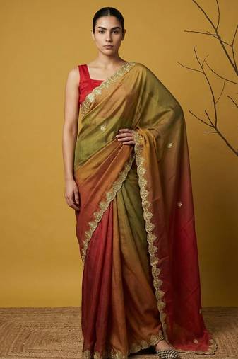  fendy satin designer saree with gotapatti work and cutwork piping border