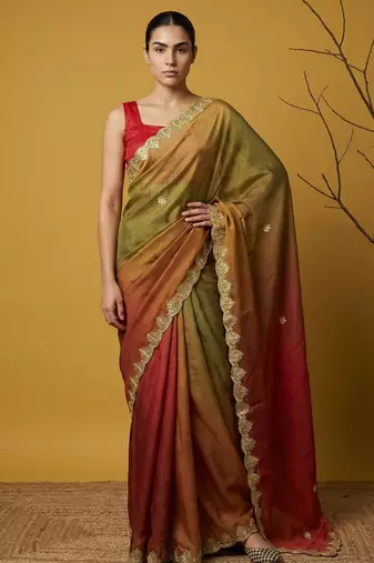  fendy satin designer saree with gotapatti work and cutwork piping border