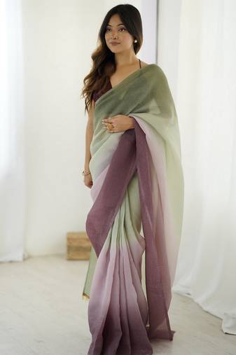 Designer green-wine color candy crush silk fabric stylish pre stitched saree