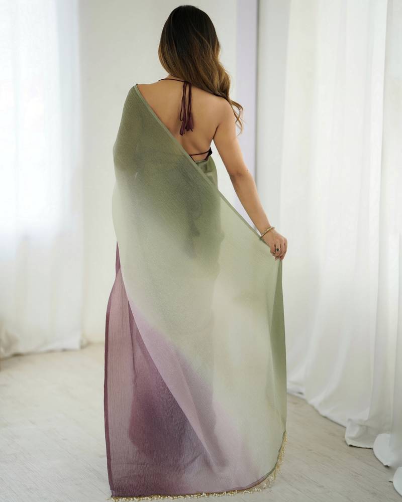 Designer green-wine color candy crush silk fabric stylish pre stitched saree