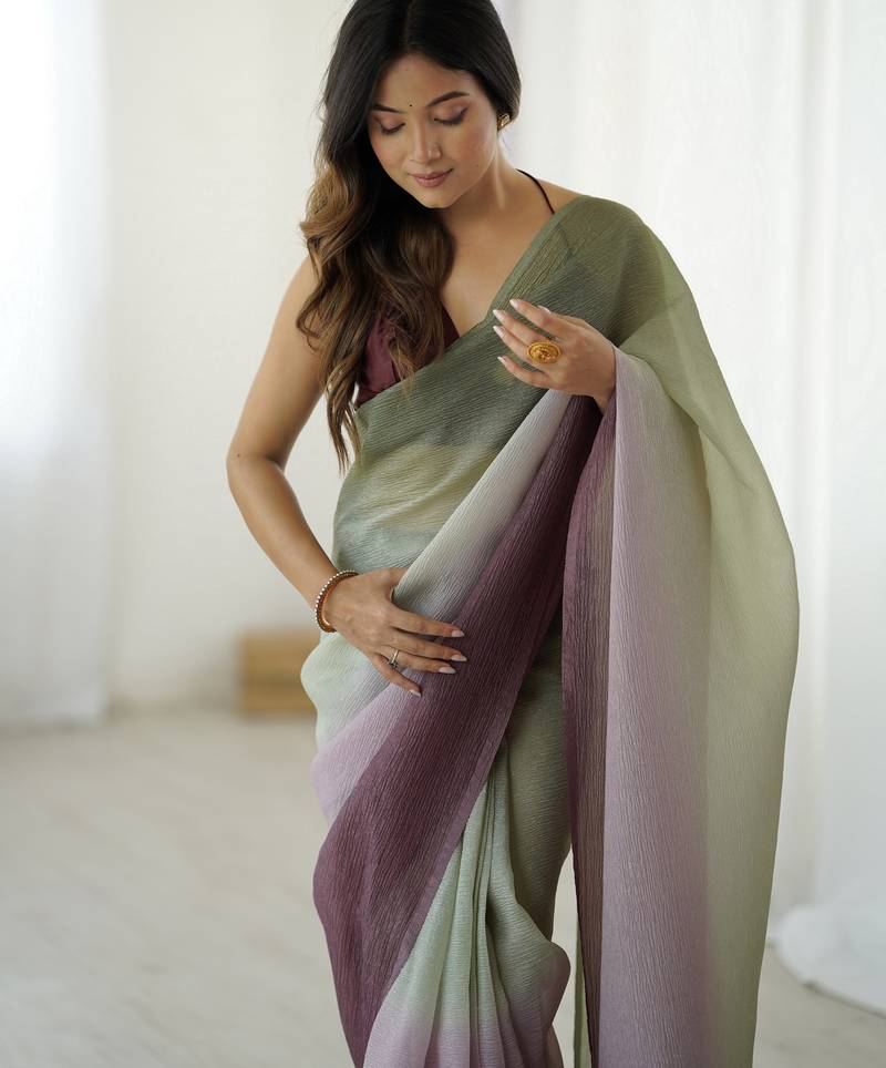 Designer green-wine color candy crush silk fabric stylish pre stitched saree