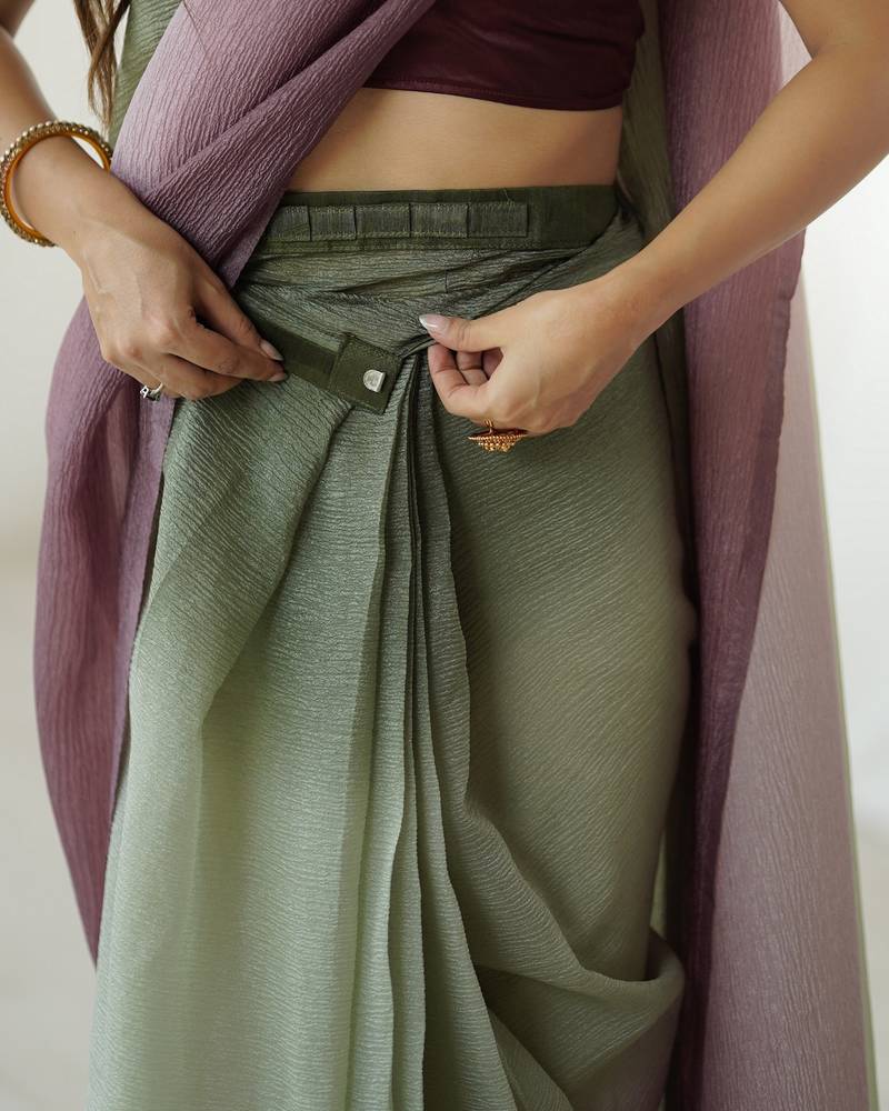 Designer green-wine color candy crush silk fabric stylish pre stitched saree